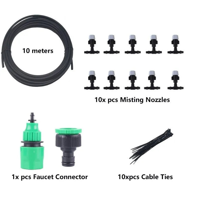10 metre garden irrigation hose system with 10 micro spray nozzles for mist watering