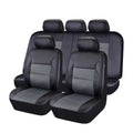 Artificial leather car seat cover set in multiple colours showing front seat, headrest, and back seat pieces.