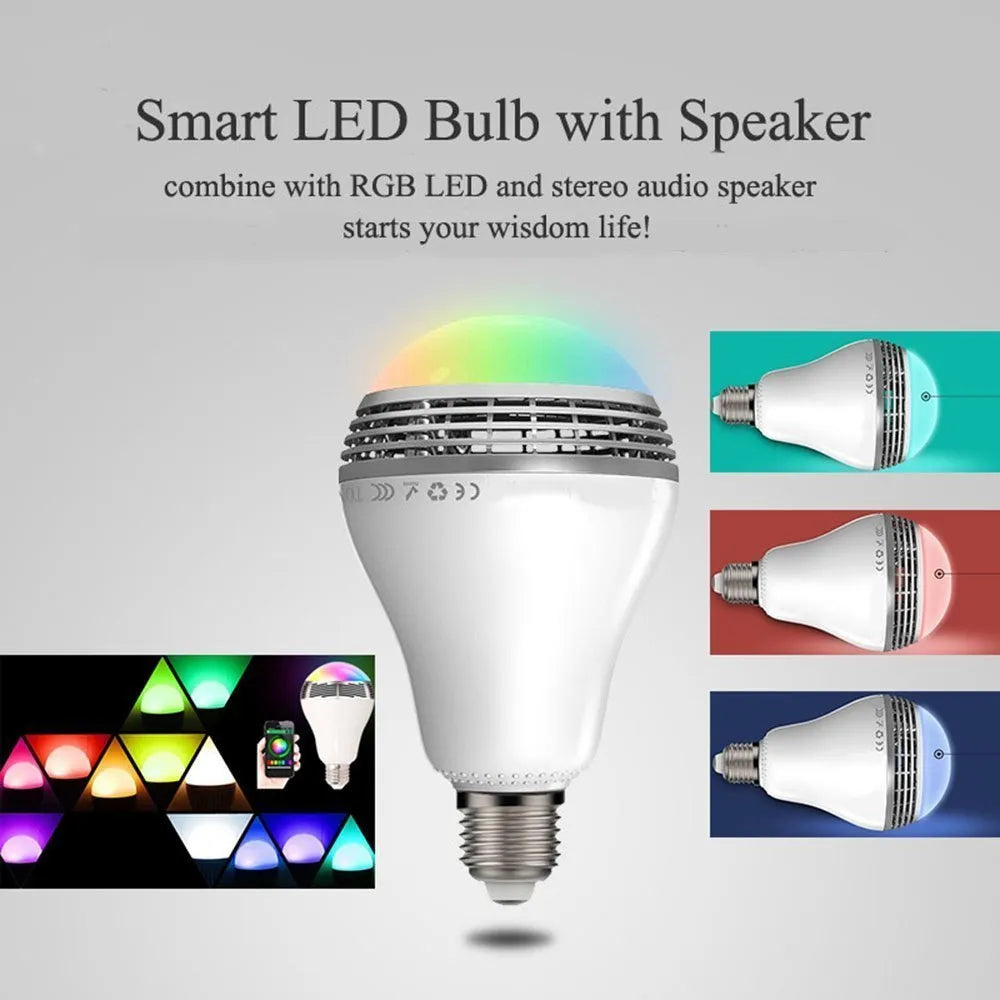 White LED smart bulb with E27 base, featuring integrated Bluetooth speaker for music and light.