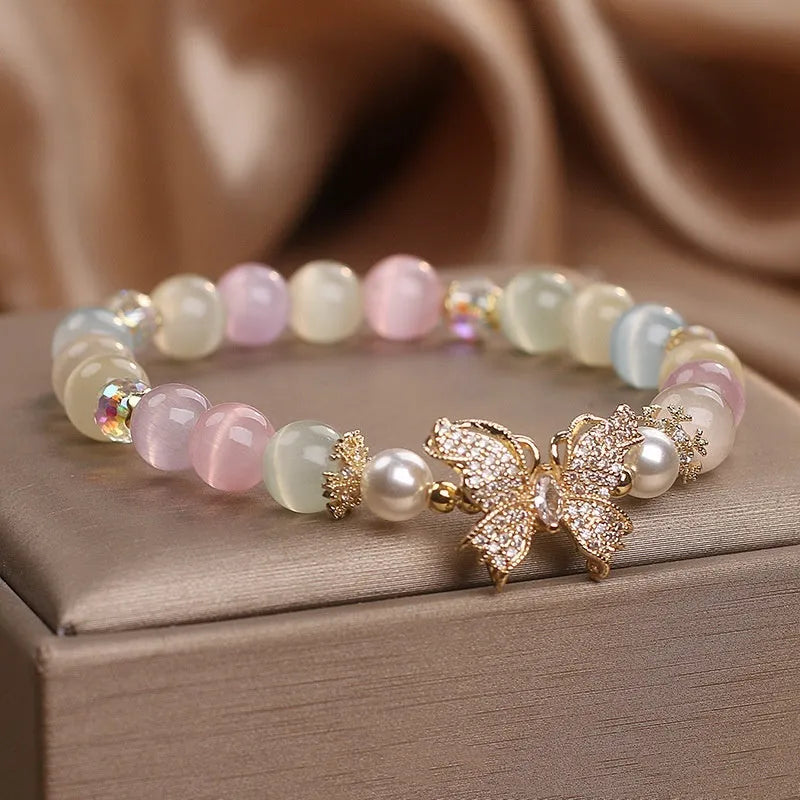 Natural stone bracelet with golden moonstone and butterfly design for women
