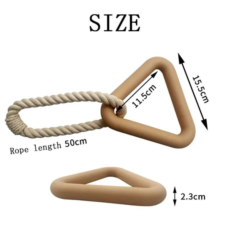 Large triangular cotton rope pull ring dog toy in beige, pink, and purple colour options