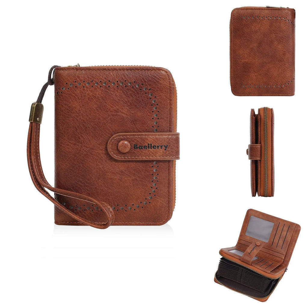 Women's black PU leather zipper coin purse wallet with integrated card slots.