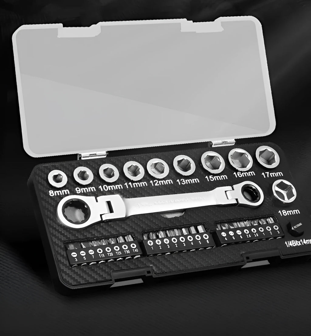 Dual-direction ratchet wrench set with multiple sockets and batch heads arranged for display