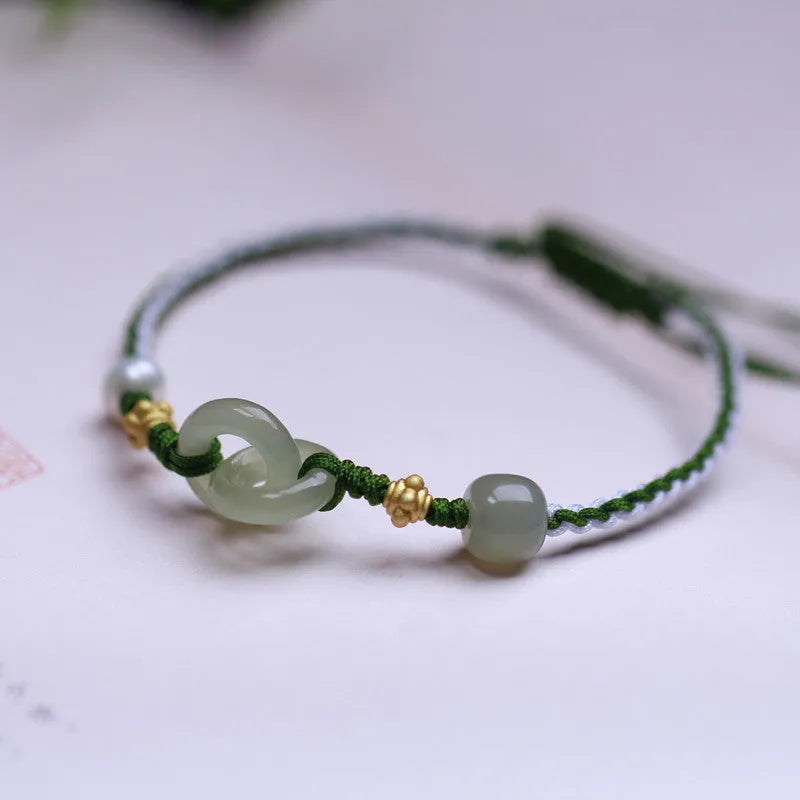 Natural Hetian Jade woven bracelet with adjustable flexible wire and jade pendant in traditional Chinese design