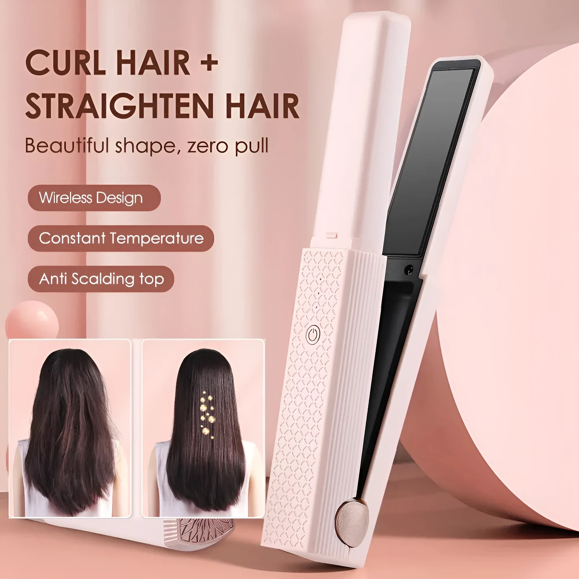 Pink cordless USB hair straightener with ceramic plates on a white background.