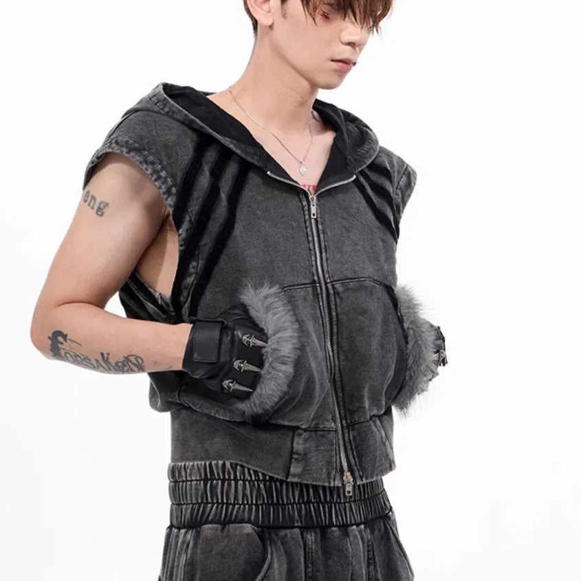 Yellow Korean streetwear set showing a hooded sleeveless vest and matching trousers on a hanger.