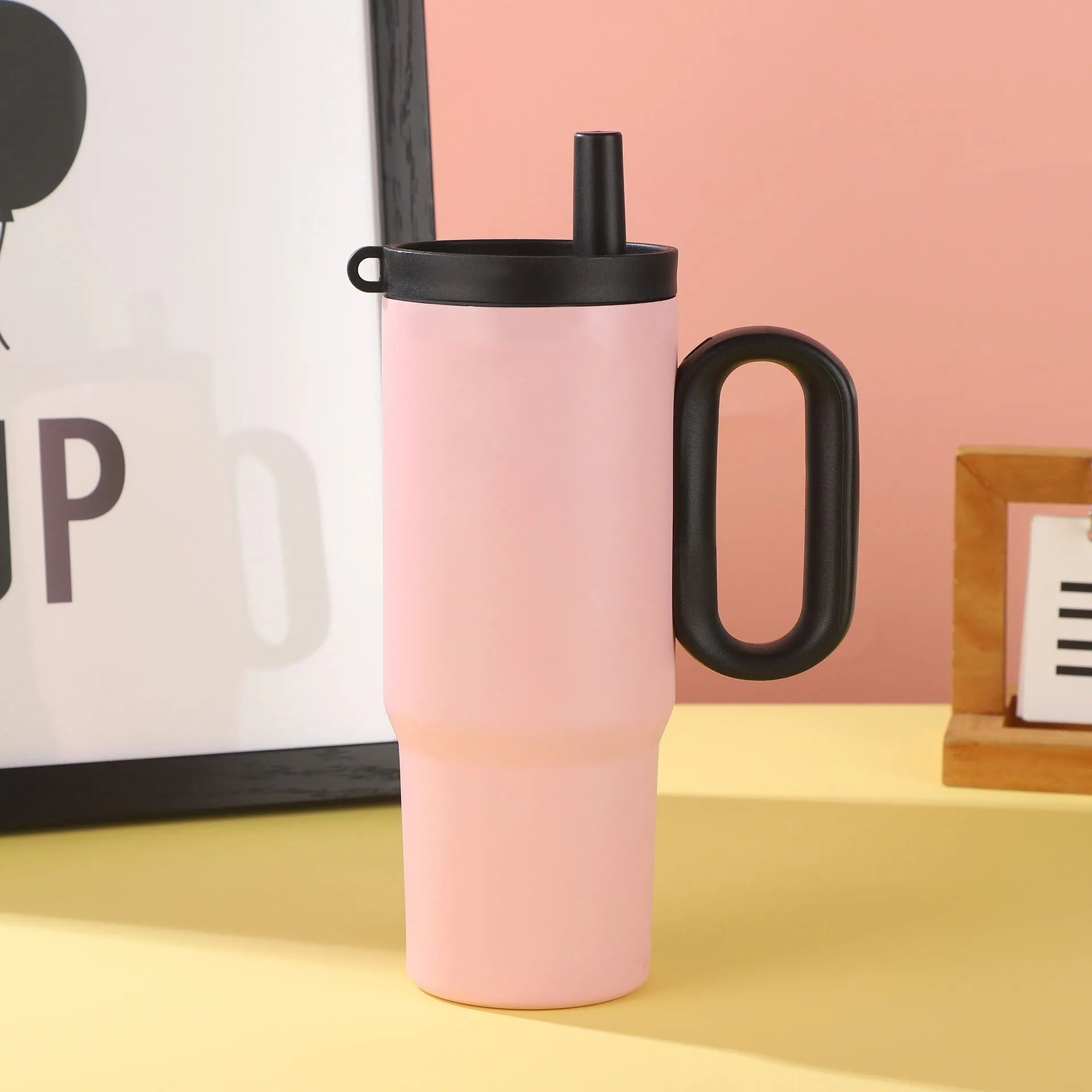 Large insulated straw cup with handle in multiple colour options