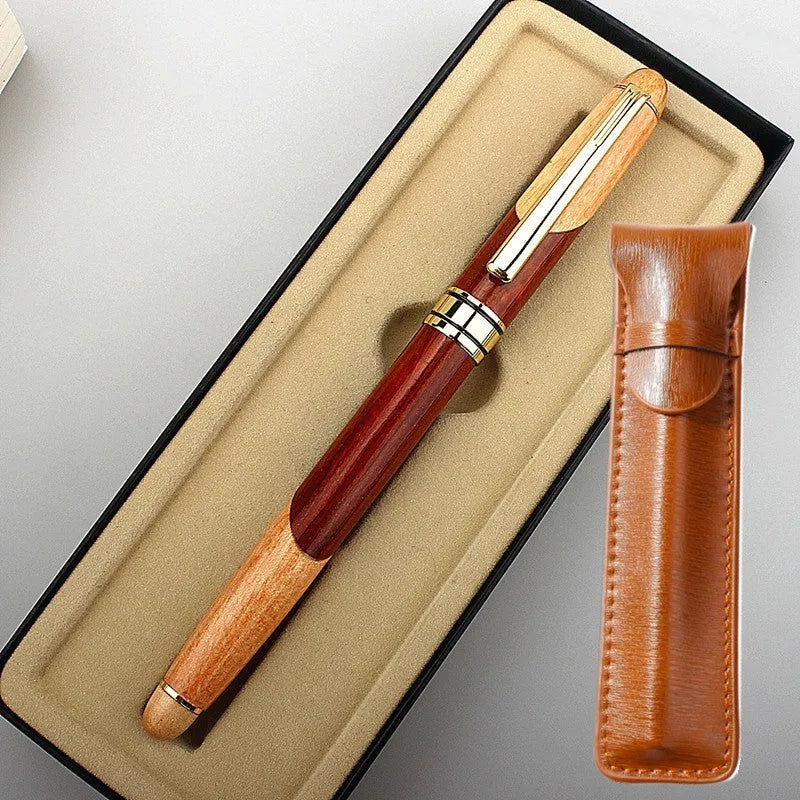 Wooden barrel fountain pen with brass metal components and included pen sleeve