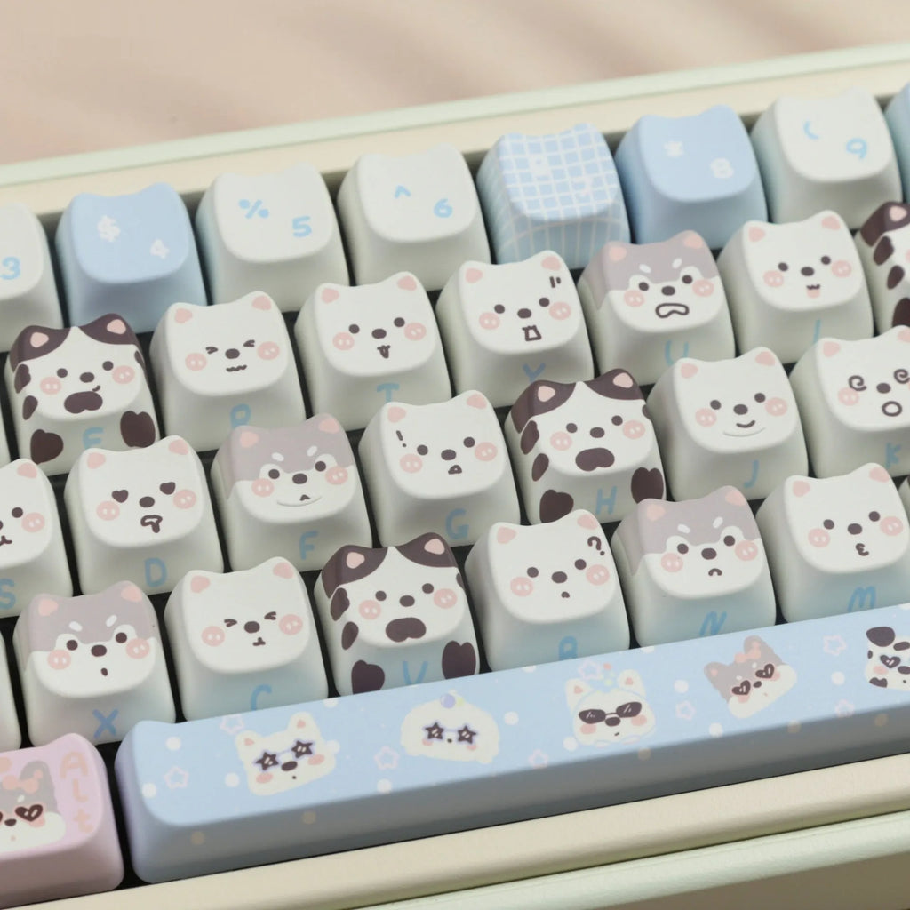 Cat and puppy themed PBT key cap set for mechanical keyboards with colourful sublimation designs