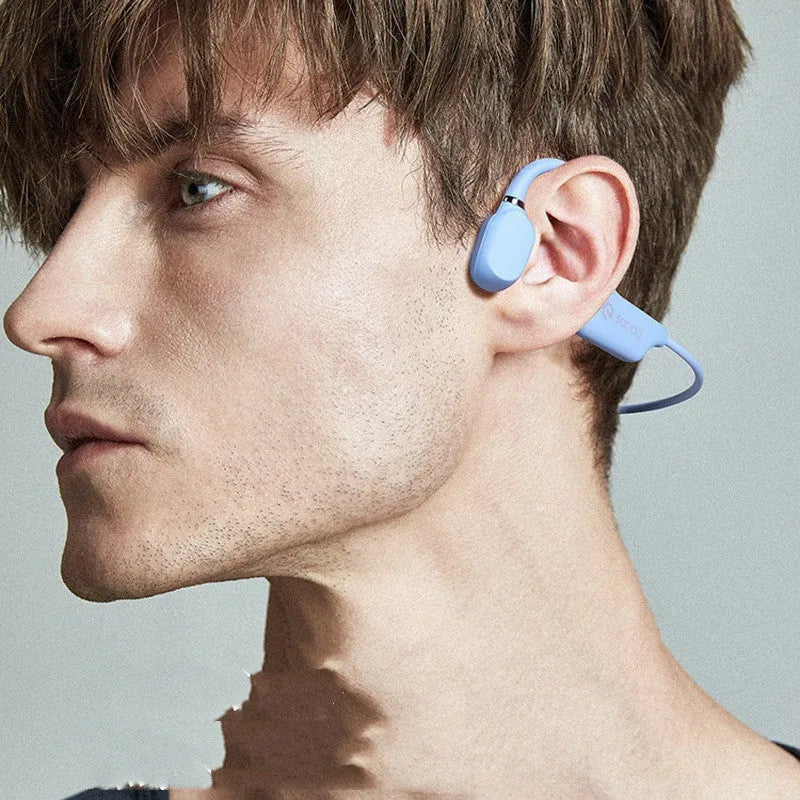 Bone conduction Bluetooth headset with hanging neck design shown in multiple colour options