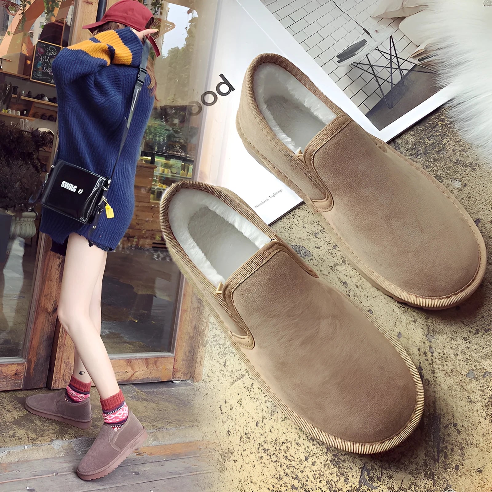 Fleece-lined flat snow boots with round toe design and rubber soles in multiple colour options
