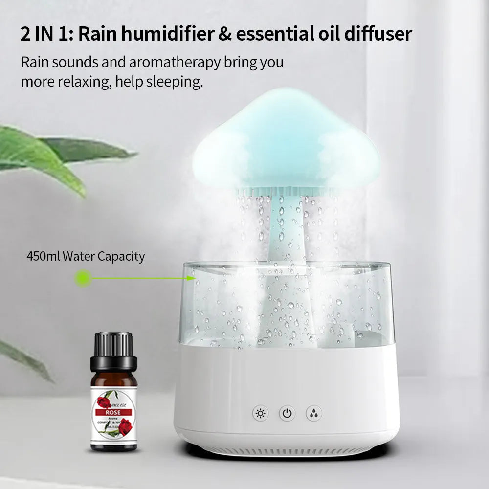White raining cloud mushroom lamp humidifier and aromatherapy diffuser on a desk.