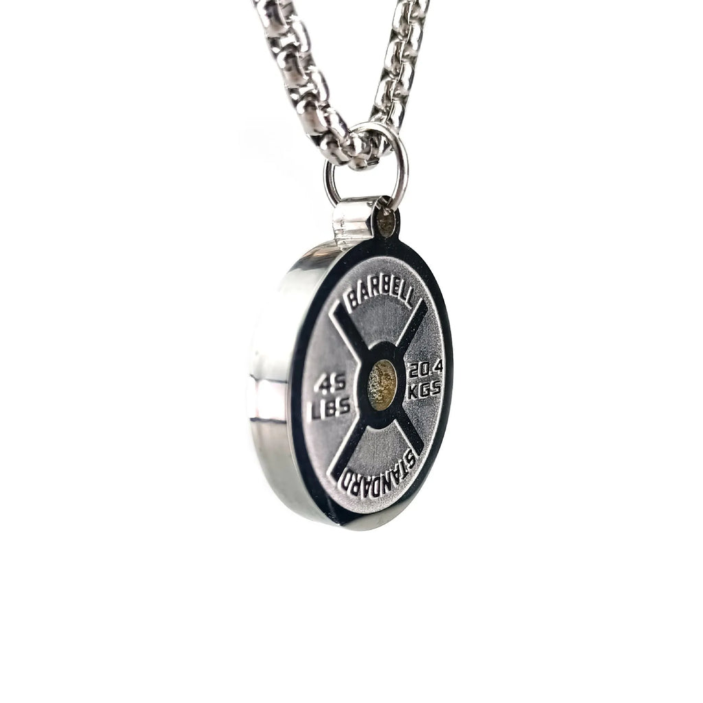 Polished stainless steel barbell disk geometric pendant on a 60cm chain necklace