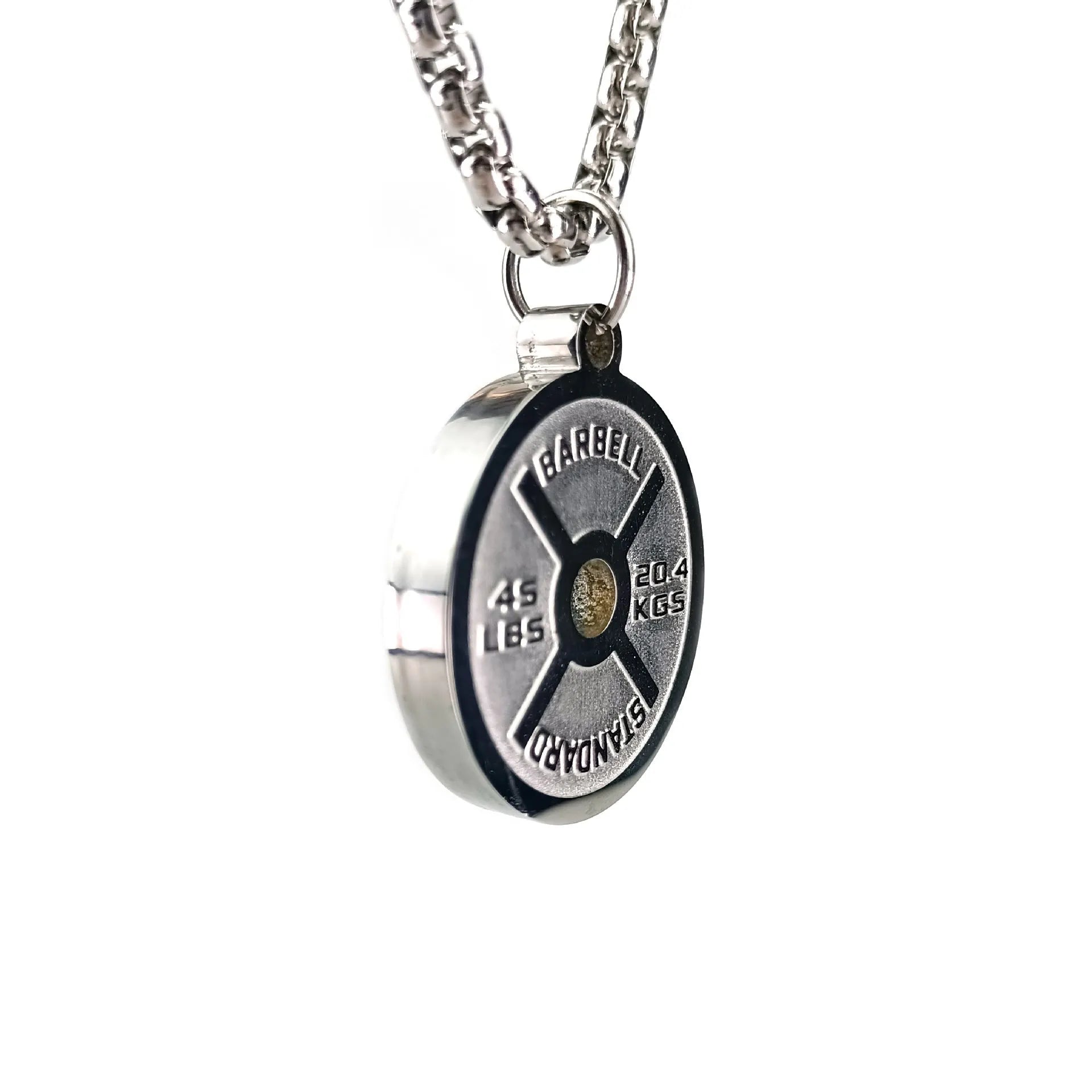Polished stainless steel barbell disk geometric pendant on a 60cm chain necklace