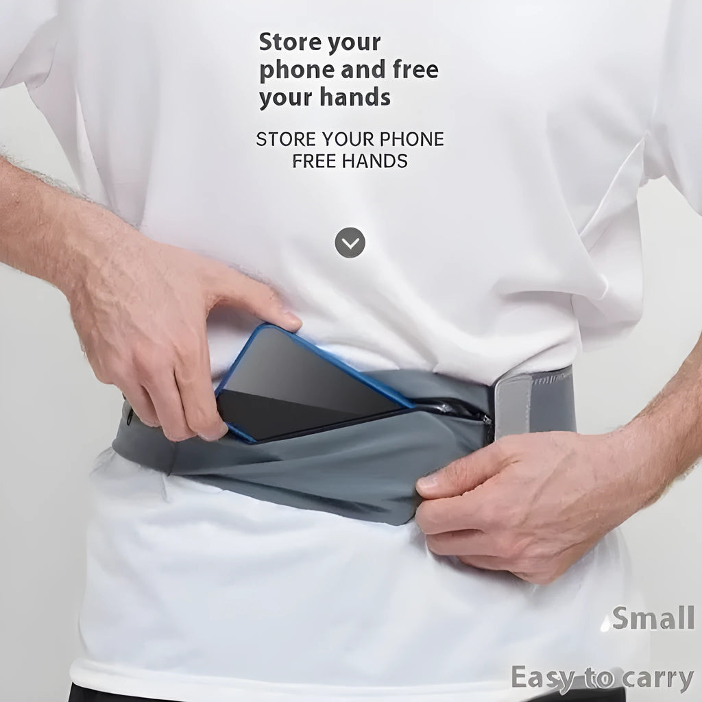 Black running waist bag with nylon fabric, two pockets, and 300ml kettle on white background