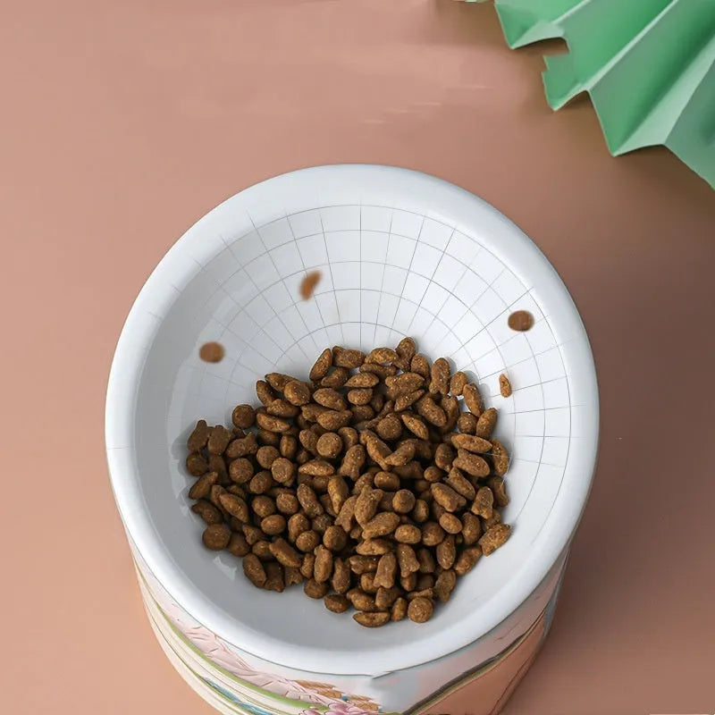 Chinese style ceramic cat bowl with high legs and double oblique mouth compartments