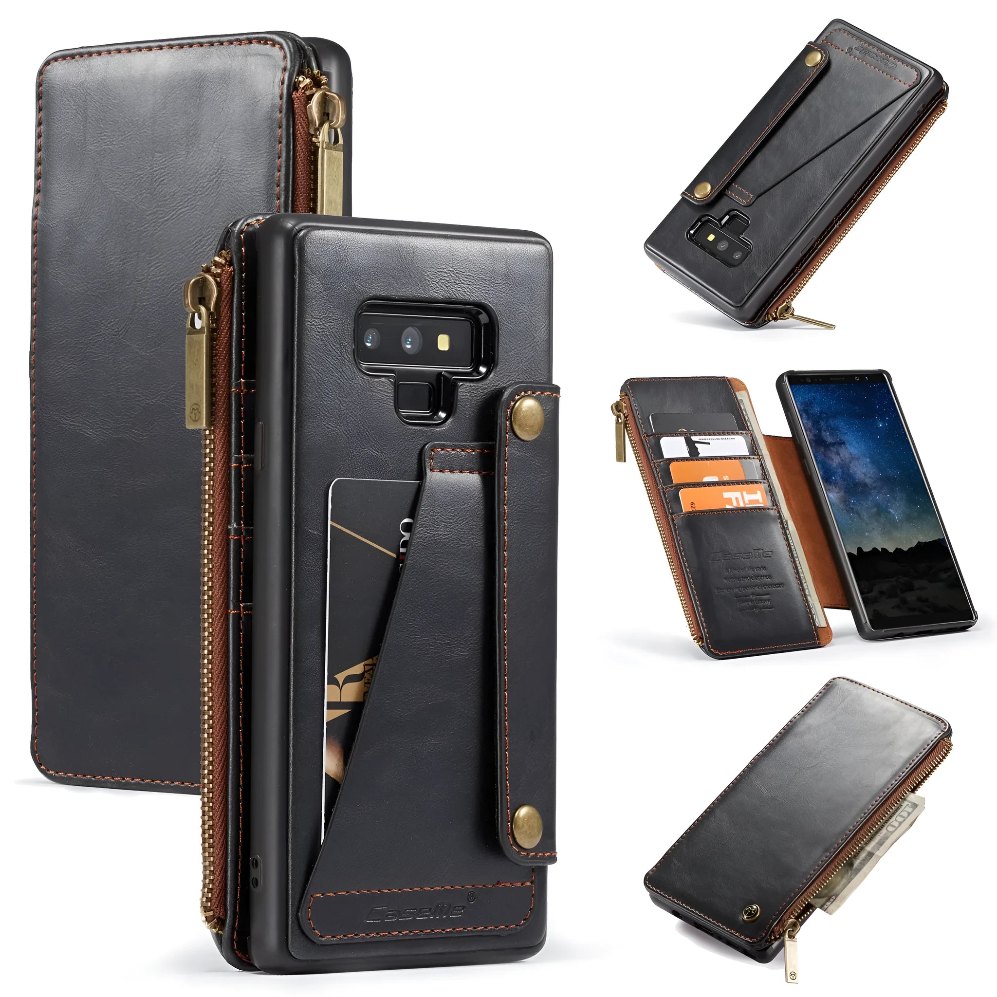 Black leather flip phone case for Samsung Galaxy Note9 showing front and back views