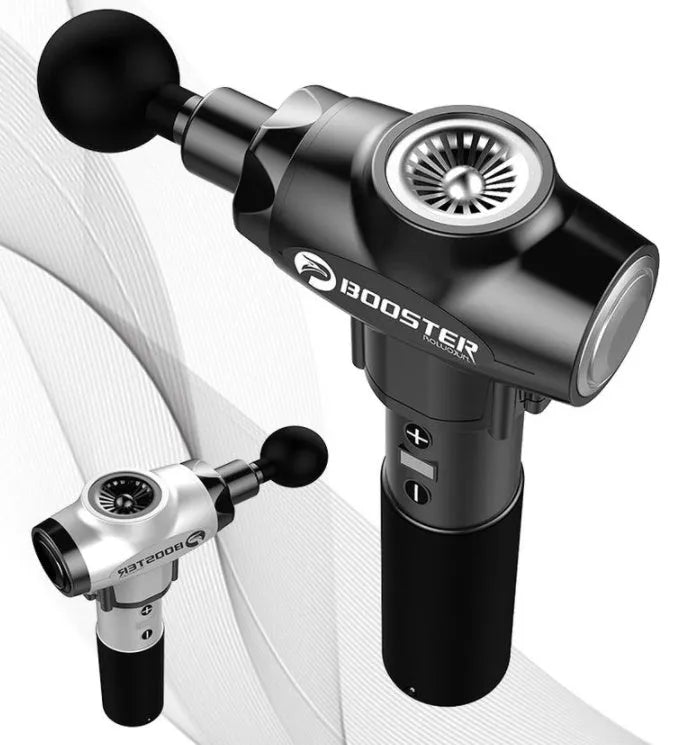 Black and white professional muscle massage gun with adjustable speed settings
