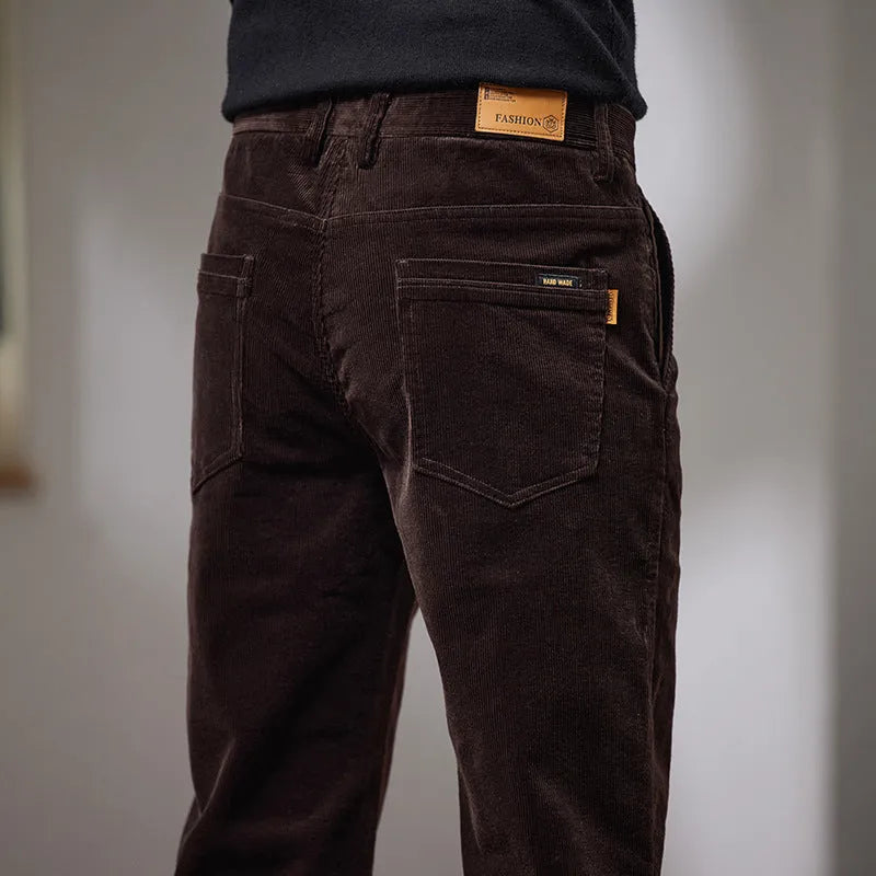 Men's slim fit straight corduroy trousers in black, cotton fabric, mid waist, micro elastic, size 28-40