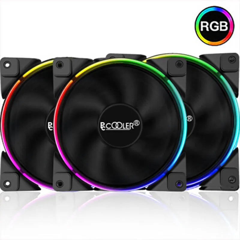 Three black 120mm RGB PC cooling fans with hydraulic bearings and synchronised lighting effects