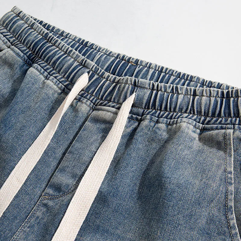 Hong Kong style retro heavy wash distressed loose fit blue jeans with fleece lining, ankle banded, size S-3XL