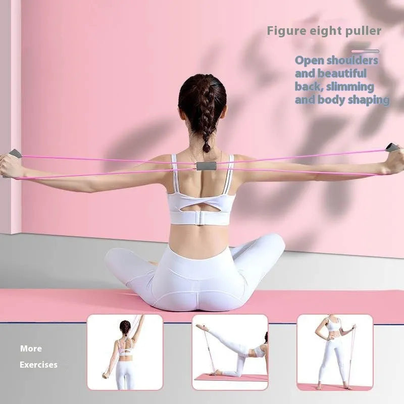 Four piece yoga fitness set showing leg stretcher, yoga ring, pedal puller and figure eight tension rope