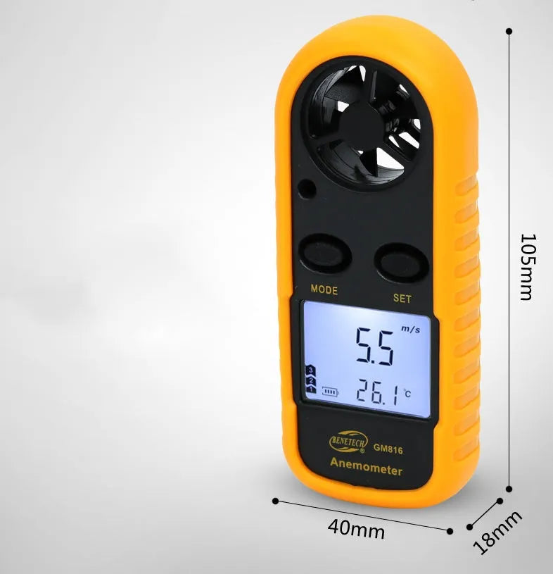 Orange digital portable wind speed measuring instrument anemometer showing compact 105x40x18mm size