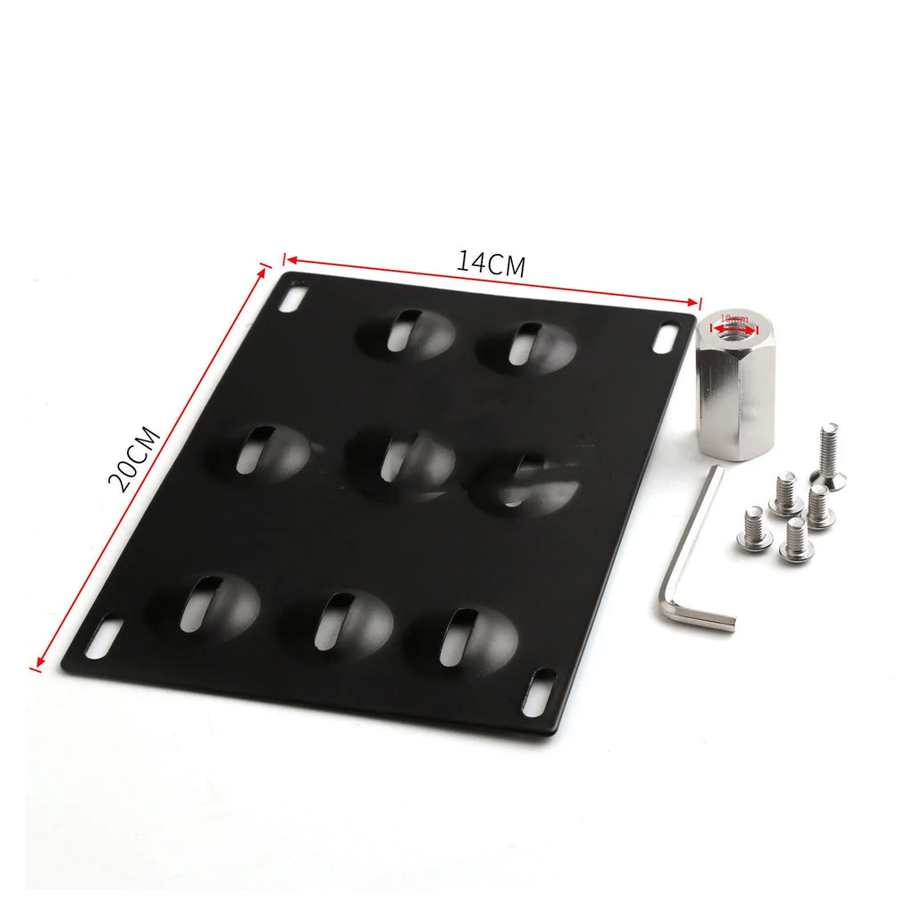 American-style metal car licence plate frame with an integrated central trailer hook.