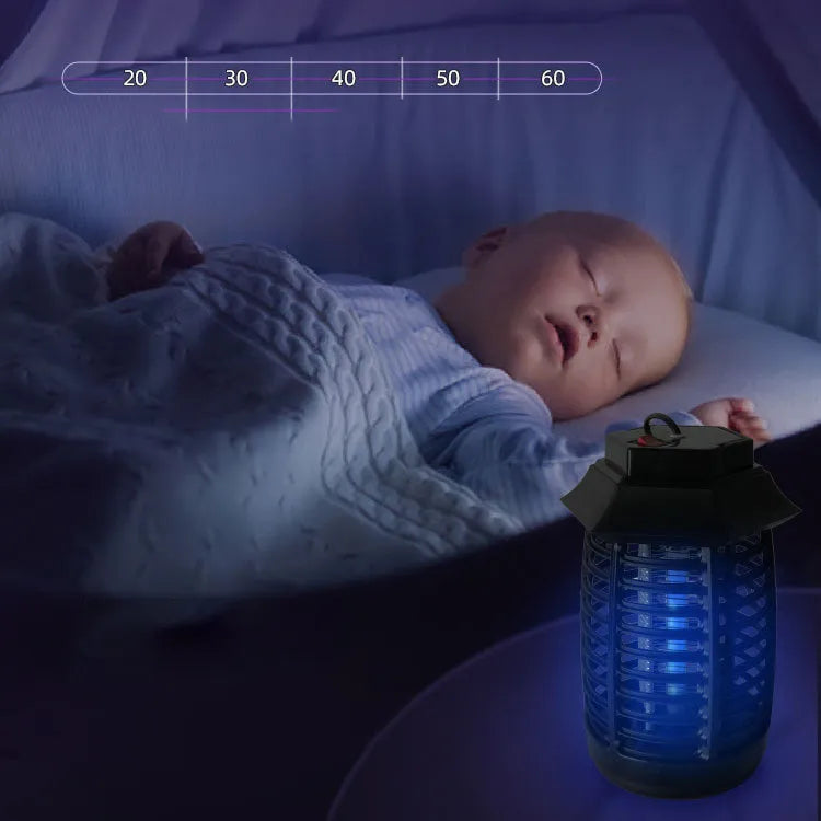 Black aromatherapy mosquito lamp with a metal grid, shown with optional UV or LED tubes for insect control.