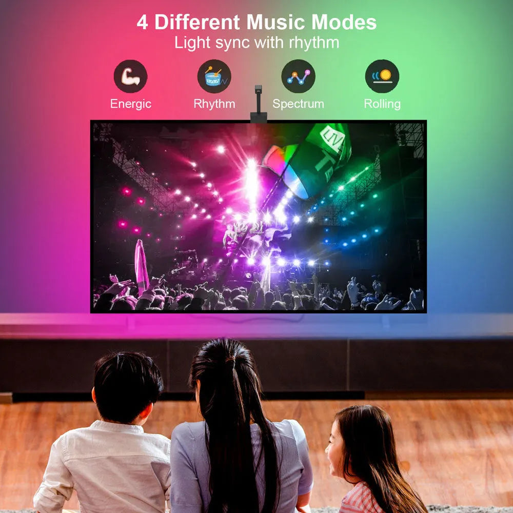 Black smart LED light strip with camera controller for TV backlighting, shown with remote and smartphone app interface.