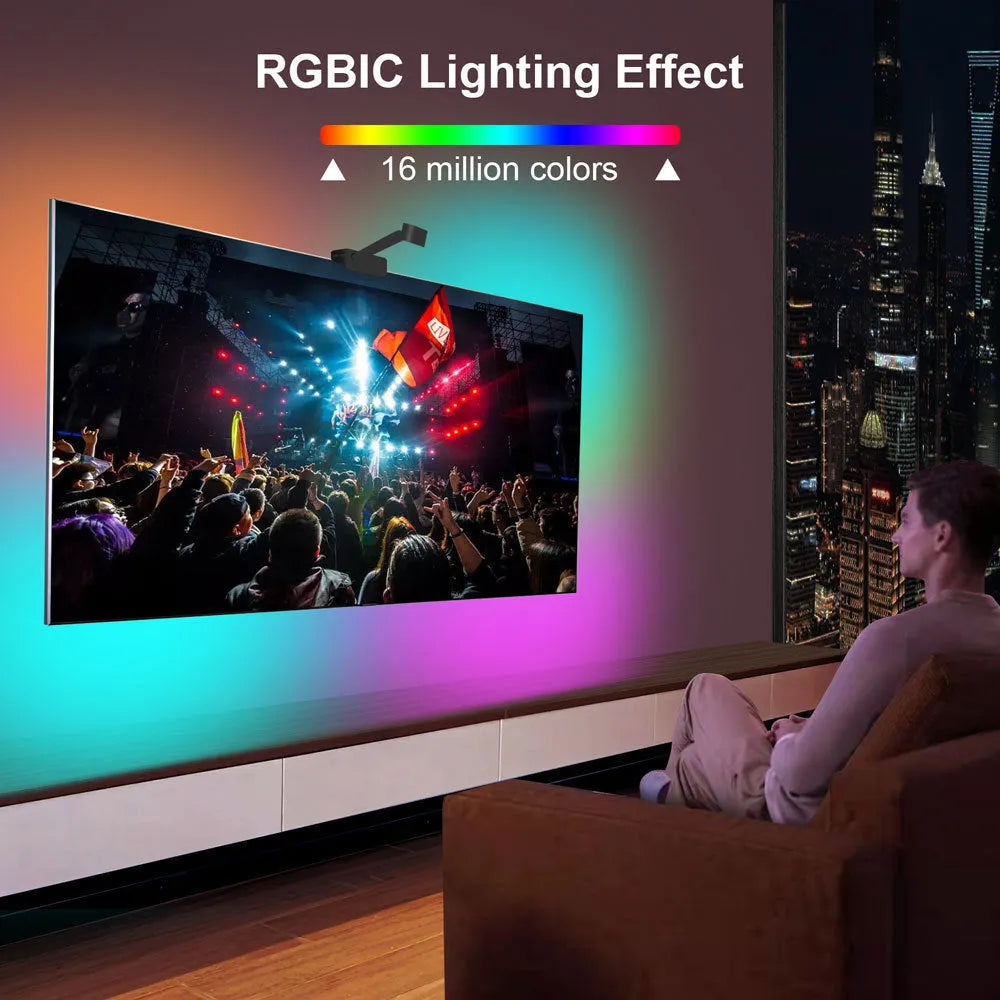 Black smart LED light strip with camera controller for TV backlighting, shown with remote and smartphone app interface.