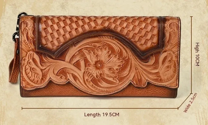 Women's brown cowhide tri-fold wallet with embossed floral pattern showing open compartments