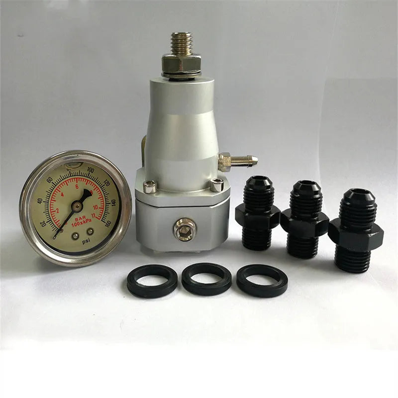 Black aluminium alloy fuel pressure regulator with adjustable pressure gauge and mounting strap
