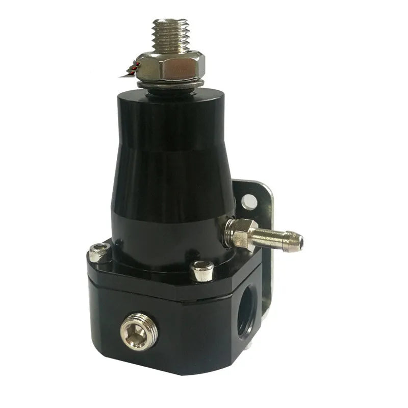 Black aluminium alloy fuel pressure regulator with adjustable pressure gauge and mounting strap