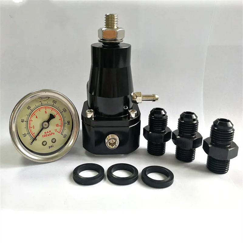 Black aluminium alloy fuel pressure regulator with adjustable pressure gauge and mounting strap