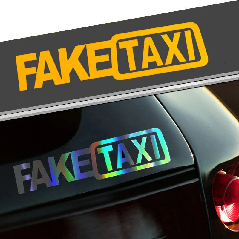 FAKE TAXI car warning sticker in waterproof PET material measuring 20 by 8 centimetres
