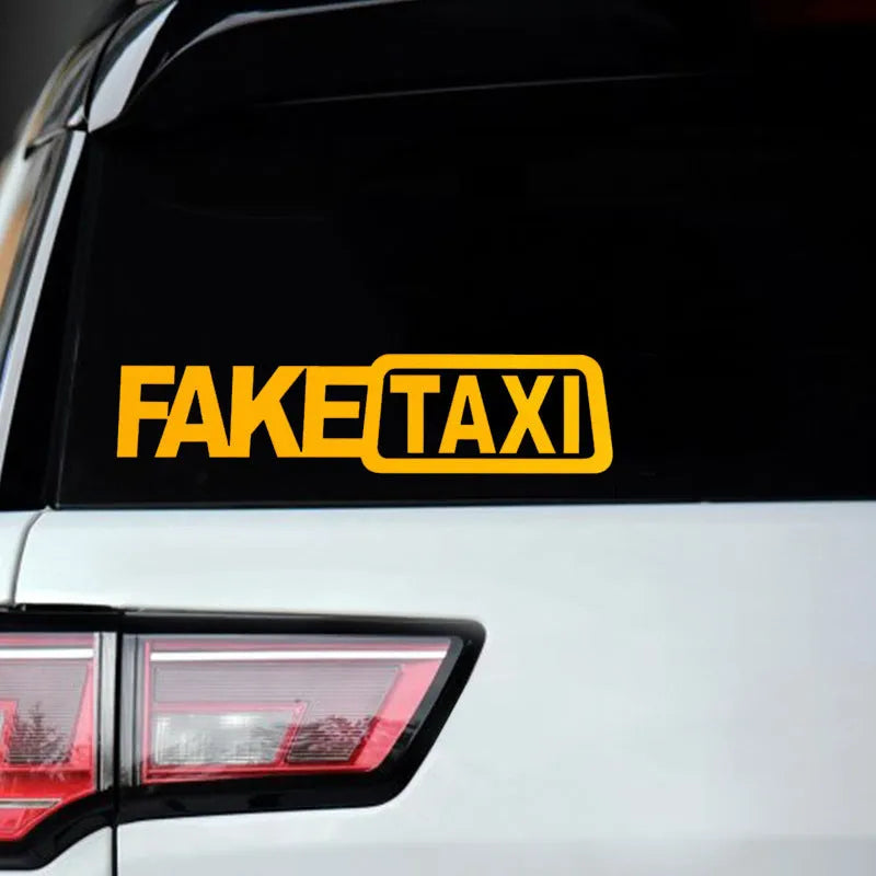 FAKE TAXI car warning sticker in waterproof PET material measuring 20 by 8 centimetres