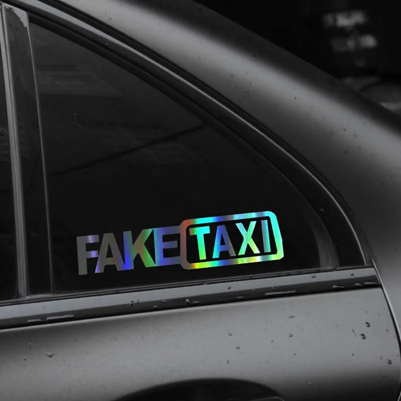 FAKE TAXI car warning sticker in waterproof PET material measuring 20 by 8 centimetres