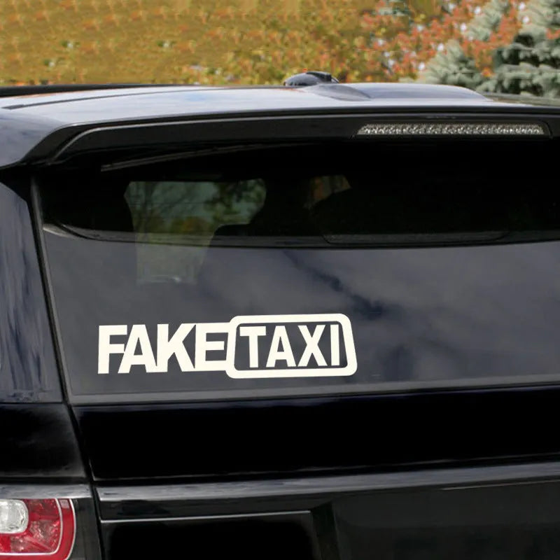 FAKE TAXI car warning sticker in waterproof PET material measuring 20 by 8 centimetres
