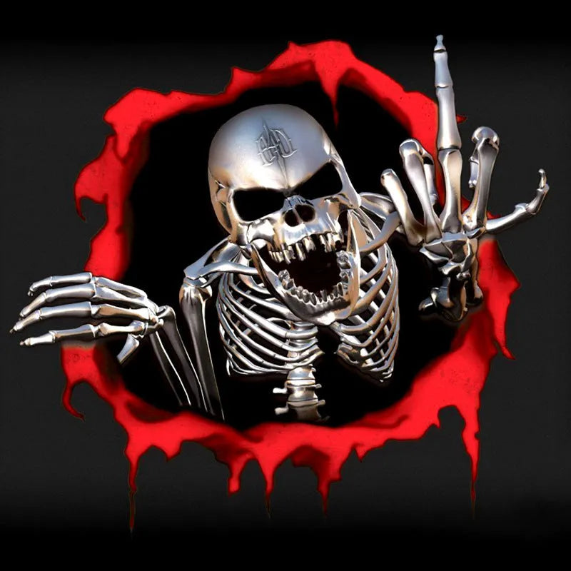 Colourful reflective metal skull car bumper sticker with a shattered design on a 15x14cm PET vinyl decal.