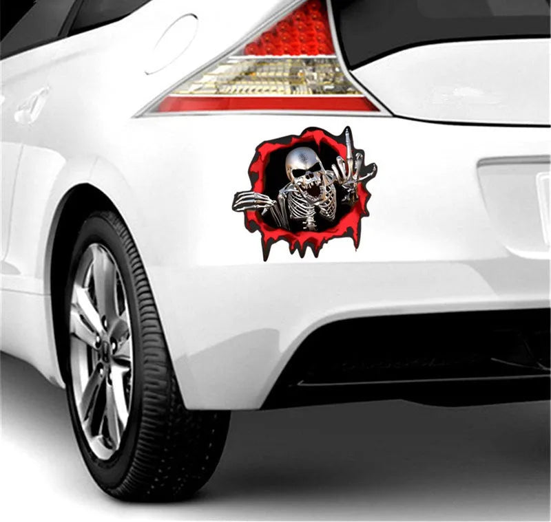 Colourful reflective metal skull car bumper sticker with a shattered design on a 15x14cm PET vinyl decal.