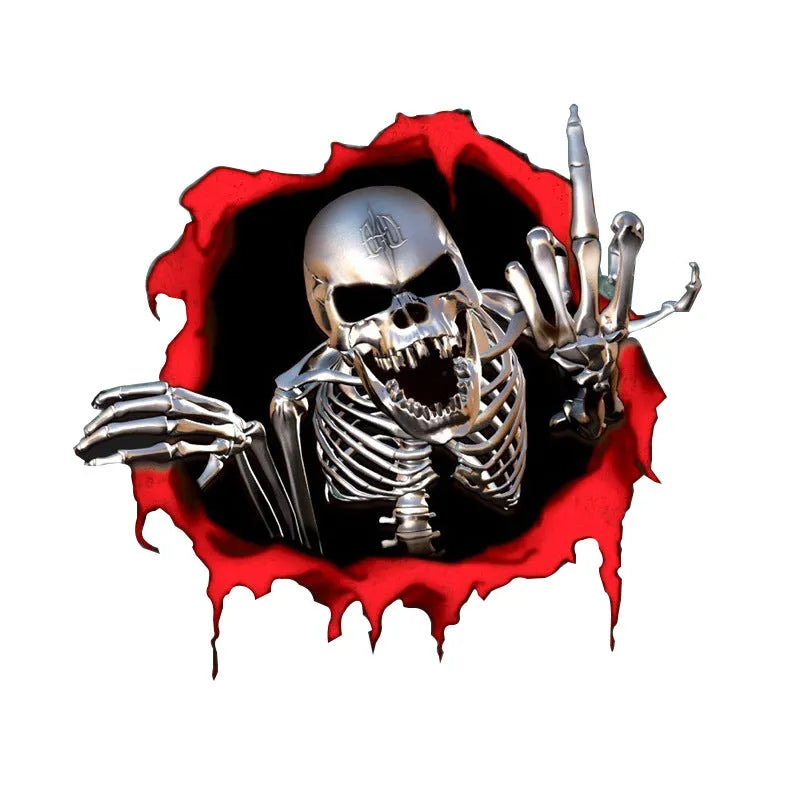 Colourful reflective metal skull car bumper sticker with a shattered design on a 15x14cm PET vinyl decal.