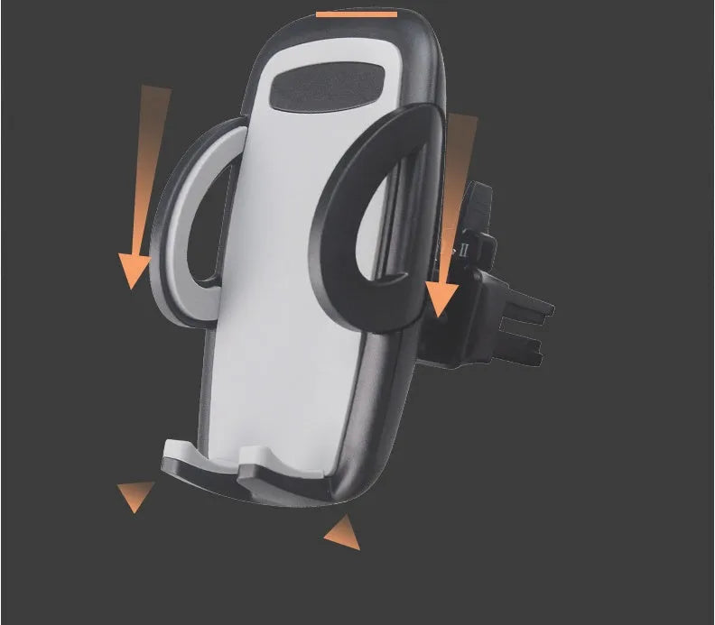 Black car phone holder clipped to air conditioning vent with smartphone secured in adjustable bracket