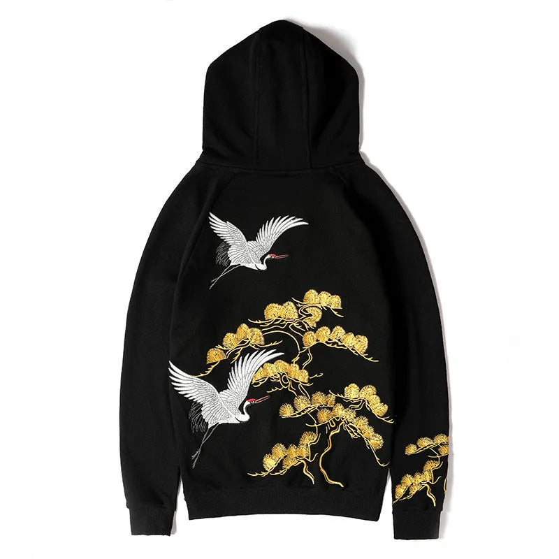 Chinese style men's black cotton hooded sweatshirt with fairy embroidery and animal pattern, loose fit