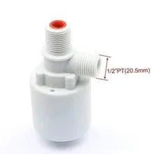White nylon automatic float valve with multiple thread size options for water tanks.