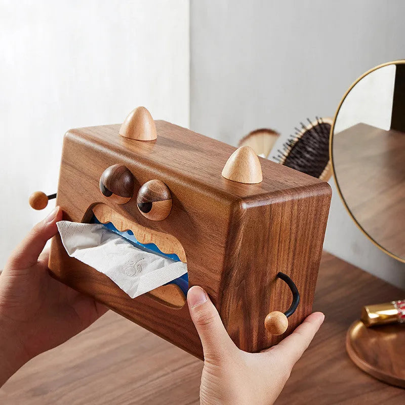 Solid wooden tissue box cover with cartoon monster carving in natural beech finish