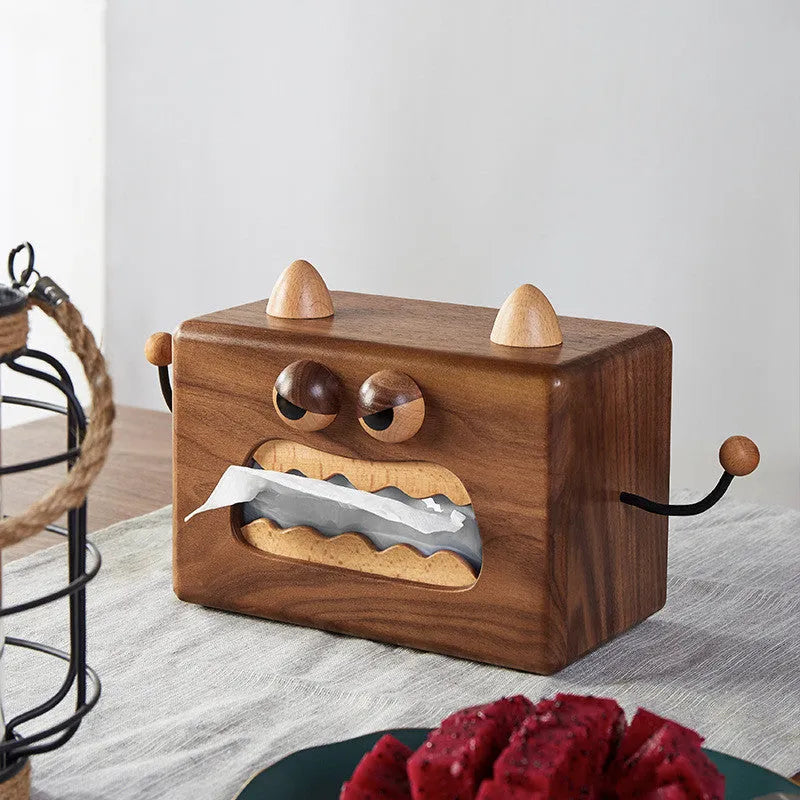 Solid wooden tissue box cover with cartoon monster carving in natural beech finish