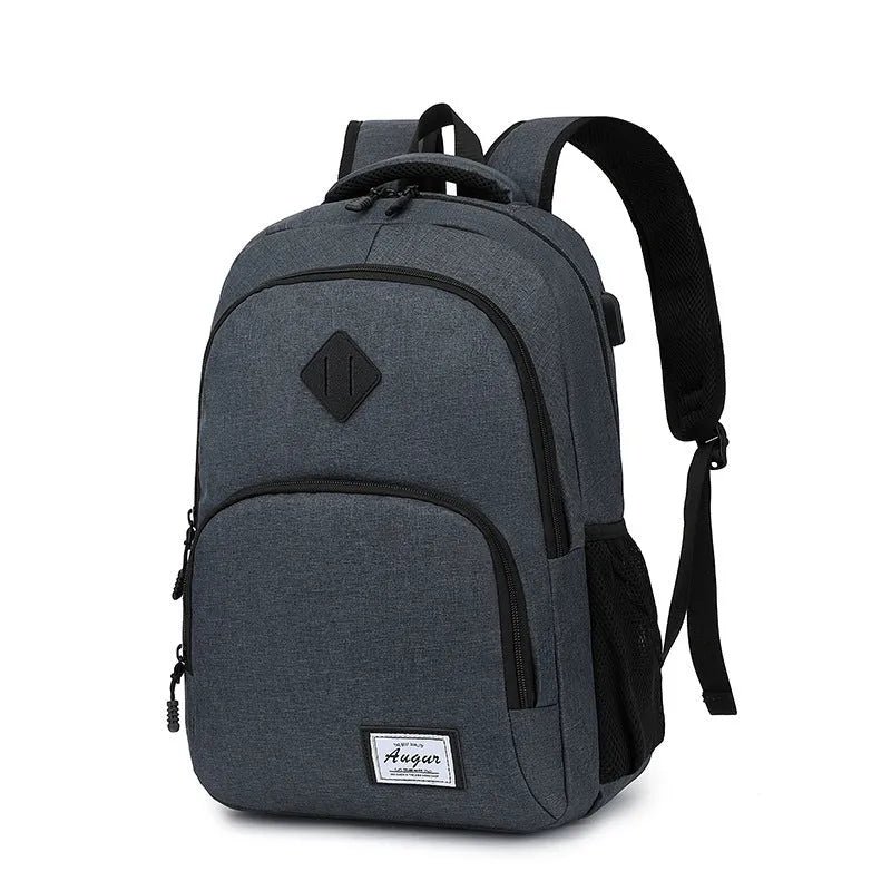 Grey and black lightweight backpack with USB charging port showing 32x15x46cm dimensions.