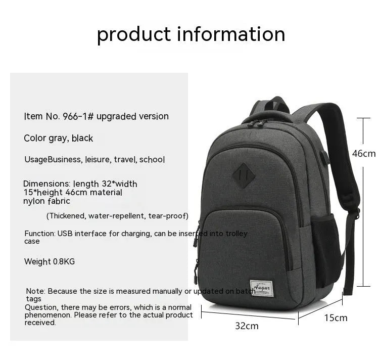 Grey and black lightweight backpack with USB charging port showing 32x15x46cm dimensions.