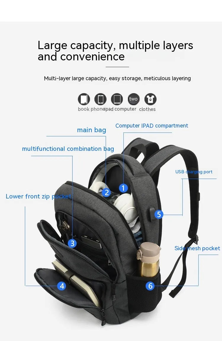 Grey and black lightweight backpack with USB charging port showing 32x15x46cm dimensions.